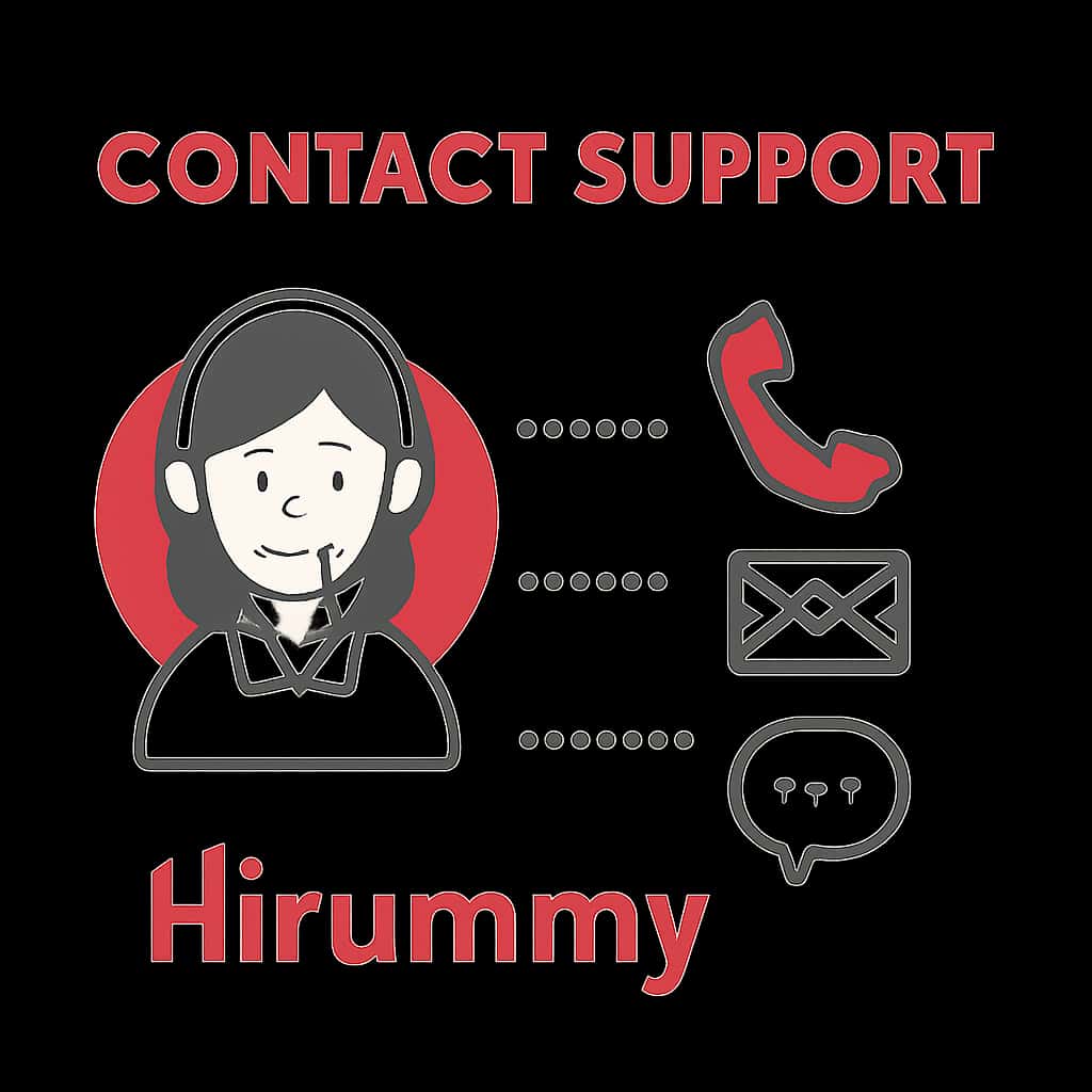 An educational diagram outlining steps to contact Hirummy Support.