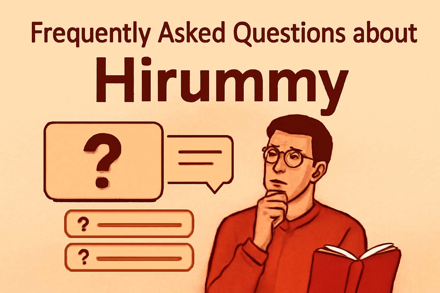 An informational design featuring the text 'Frequently Asked Questions about Hirummy' in a sleek, modern style.