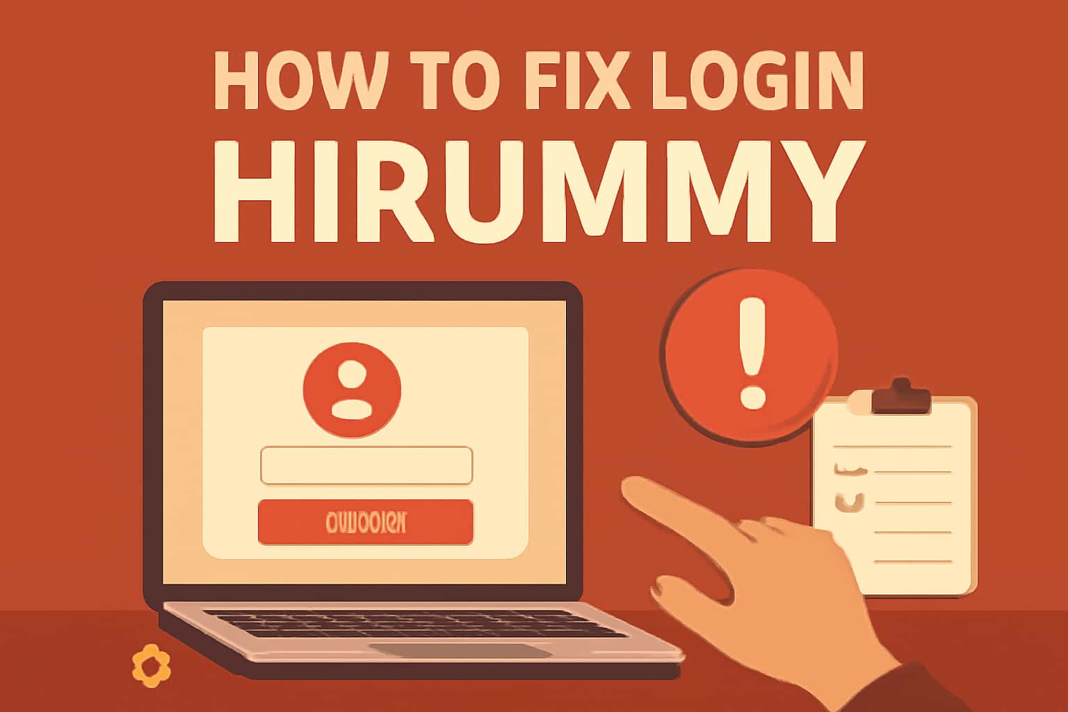 Informational scene illustrating the title 'How to Fix Login Hirummy' with a focus on access solutions.